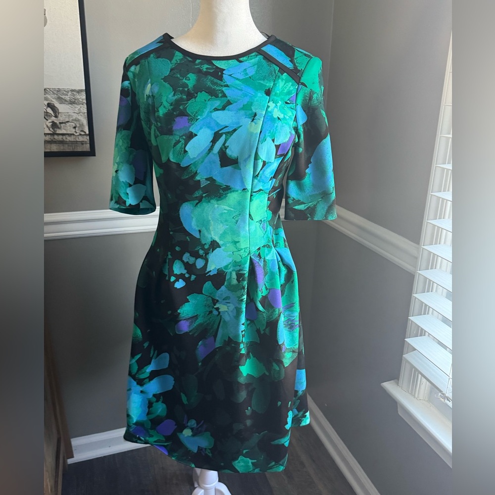 Vince Camuto Teal and Black Floral Midi Dress